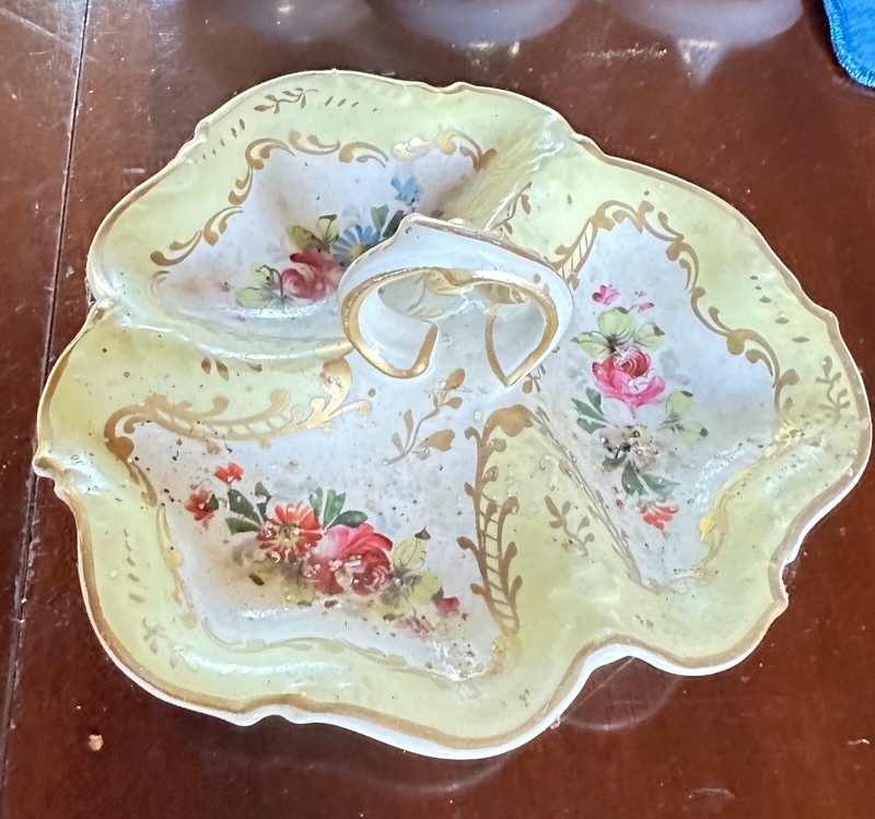 Old  Vintage  Limoges France Candy/Nut/Trinket dish with Handle Marked Yellow