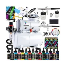 T TOGUSH Air Tank Compressor with Gravity Airbrush And Siphon Airbrush 15 Col...