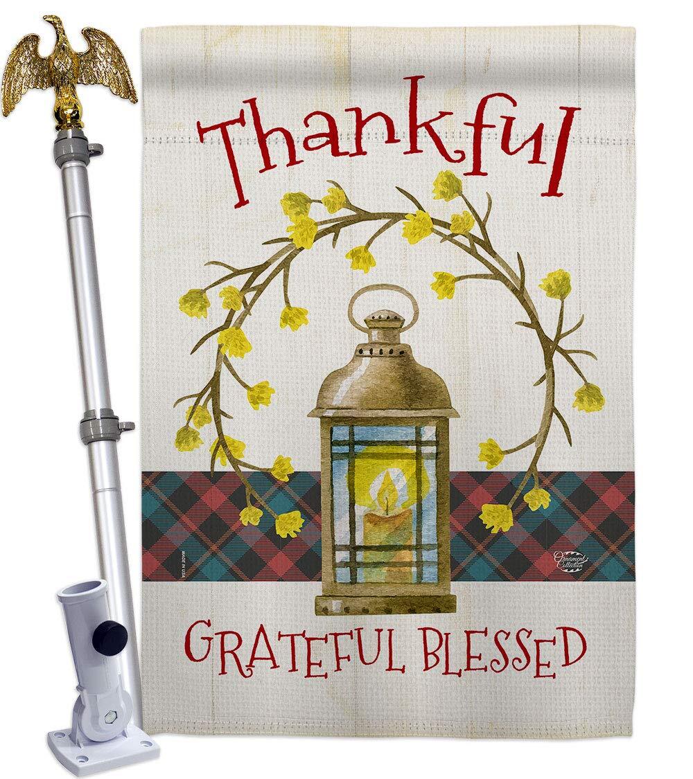 Thanksgiving Wreath House Flag - Eagle Set Fall Turkey Give Thanks Gobble Pum...