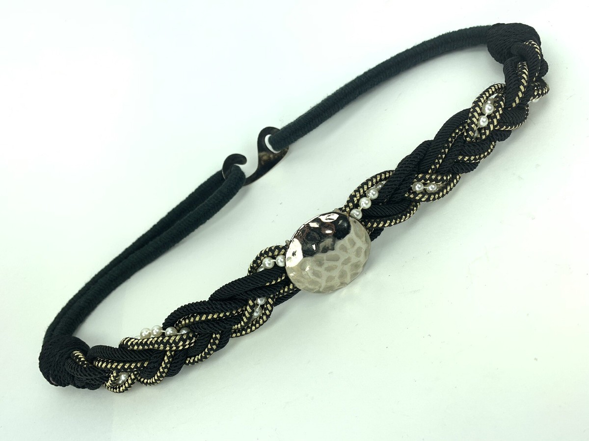 Vinatge 80’s Ladies Black and Gold Braid Belt with Faux Pearl‎ Detail Medium Vintage 1980s Braided Belt: Black, Gold & Pearl Woven Rope  main image 4