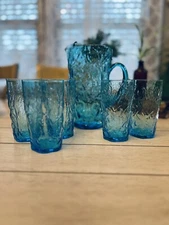 Set 6 Seneca Glass Pitcher And  5 Tumblers Driftwood Peacock Blue Vintage 1950’s