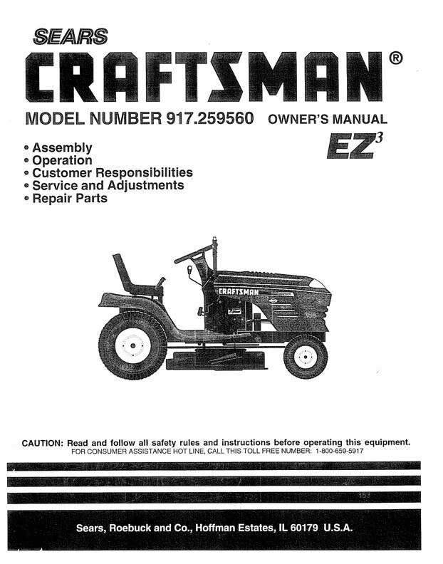 Owner s Manual Sears Craftsman 19.5 HP Lawn Tractor Riding Mower