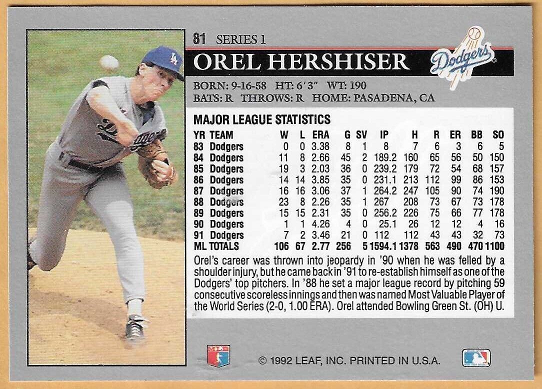 OREL HERSHISER LOS ANGELES DODGERS #81 - LEAF NM-MT 1992