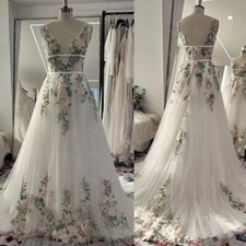 Colorful Embroidery Lace Flowy Wedding Dresses Sleeveless A Line Open Back
