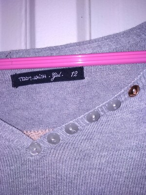 Pull Teddy Smith Fille Taille 12 Ans - Gris Clair & Rose, Motif Paillettes, état Très Bon