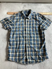 PrAna Bryner Shirt Men’s Small Short Sleeve Button Up Blue Yellow Plaid Yoga S