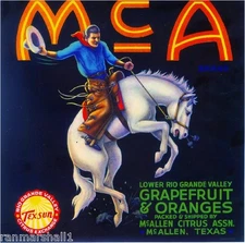 McAllen Texas McA Cowboy Orange Citrus Fruit Crate Label Vintage Art Print