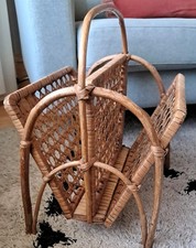Vintage Bamboo & Cane Freestanding Magazine Rack with Handle Retro Boho 1960s