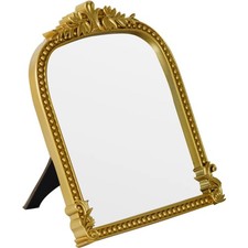 Gold Plastic Arched Makeup Mirror Wall Mount Stand Bathroom Decor 10.6x8.6
