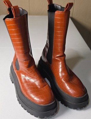 Chunky Platform Chelsea Boots in Brown Croc-Embossed Leather