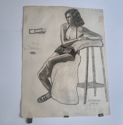Vintage Charcoal Pencil Female  Sketches, 1948 Expressionism Study, MID CENTURY