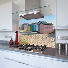 Beach Huts Toughened Glass Kitchen Splashback - Adhesive Included