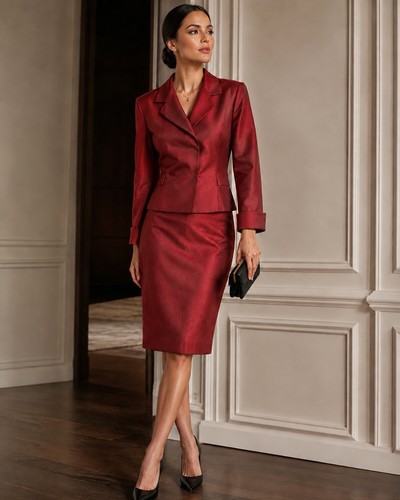 Akris Women's Red 100% Silk Skirt Suit Set US 12 Blazer Pencil Skirt