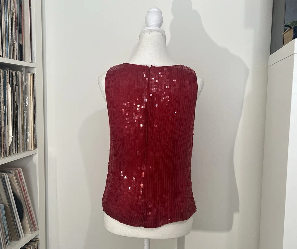 Top sin mangas vintage años 90’s Alfani 100 % seda rojo brillante lentejuelas cuentas para mujer’s M Foto 2 de 4