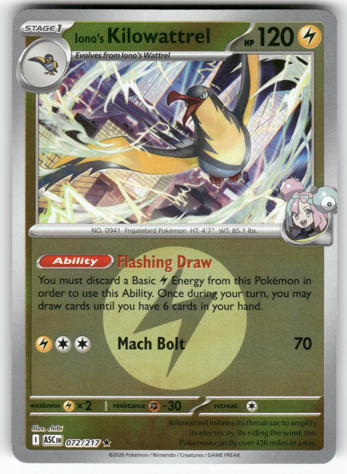Iono's Kilowattrel (Energy Symbol) 72/217 ME: Ascended Heroes Pokemon NM
