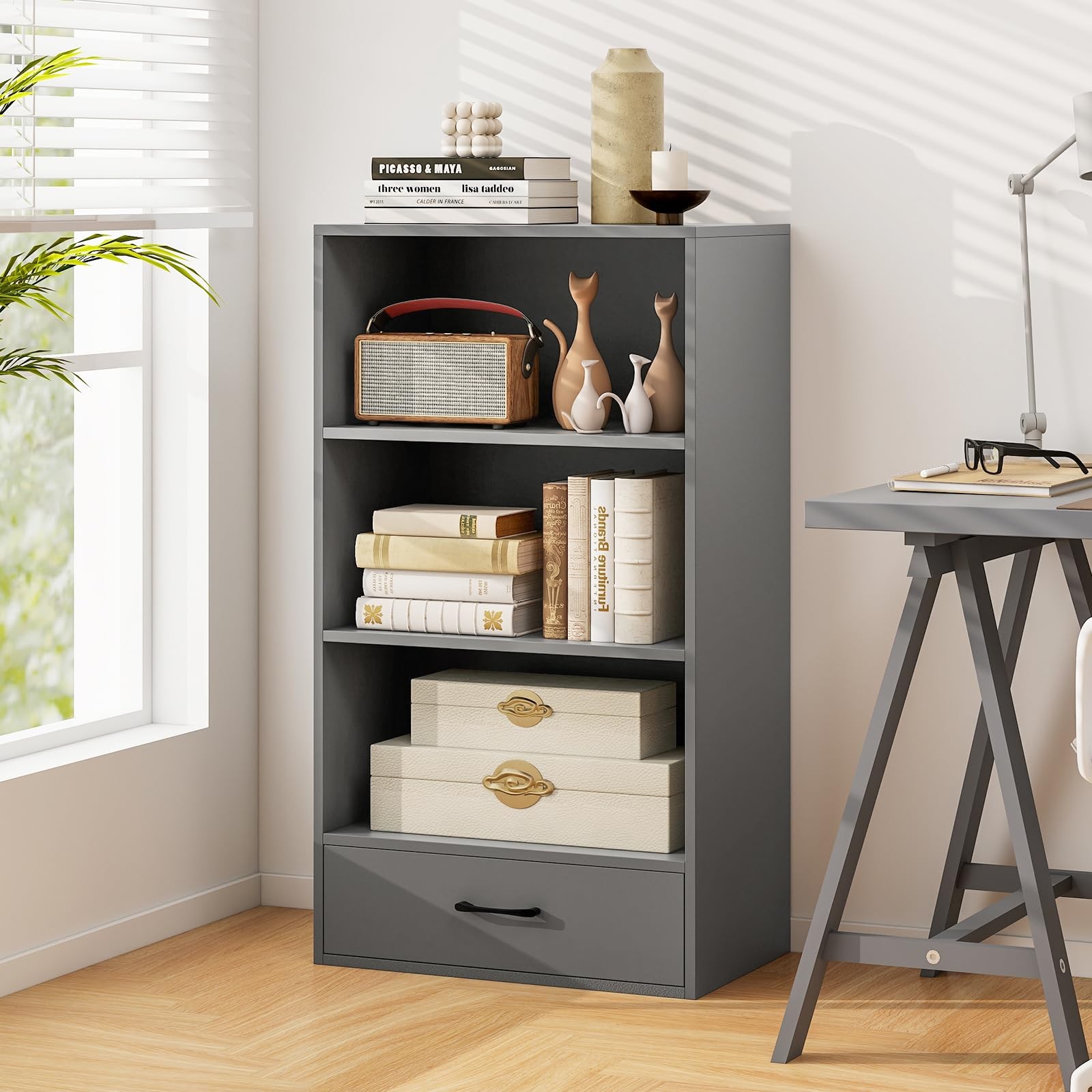 4 Tier Wooden Bookcase with Drawer Anti Tip Devices 42.5 Inch Tall Grey