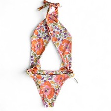 New with tag Stone Fox Swim orange and white floral print halter wrap one piece