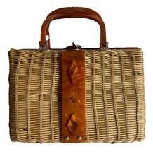VTG Women  s Habee Woven Purse Handbag Caramel Honey Lucite Handles Wicker READ