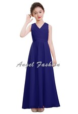 Flower Girl Junior  V-Neck Long Maxi Bridesmaid Chiffon Dress Party Evening Gown