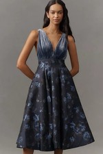 ANTHROPOLOGIE Maeve V-Neck Velvet Jacquard A-Line Midi Dress Floral US 10 UK 14
