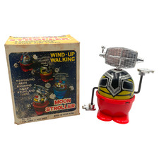 VTG Moon Stroller Wind Up Toy Robot Shaped Metal WORKS Hong Kong 1970's w/ Box