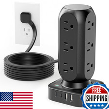 Surge Protector Power Strip Tower 12 AC Outlets 8 USB 5ft Flat Plug 24W Overload