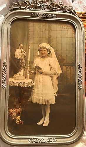 ANTIQUE Hand Tinted Religious PHOTOGRAPH in GORGEOUS Silver Painted FRAME