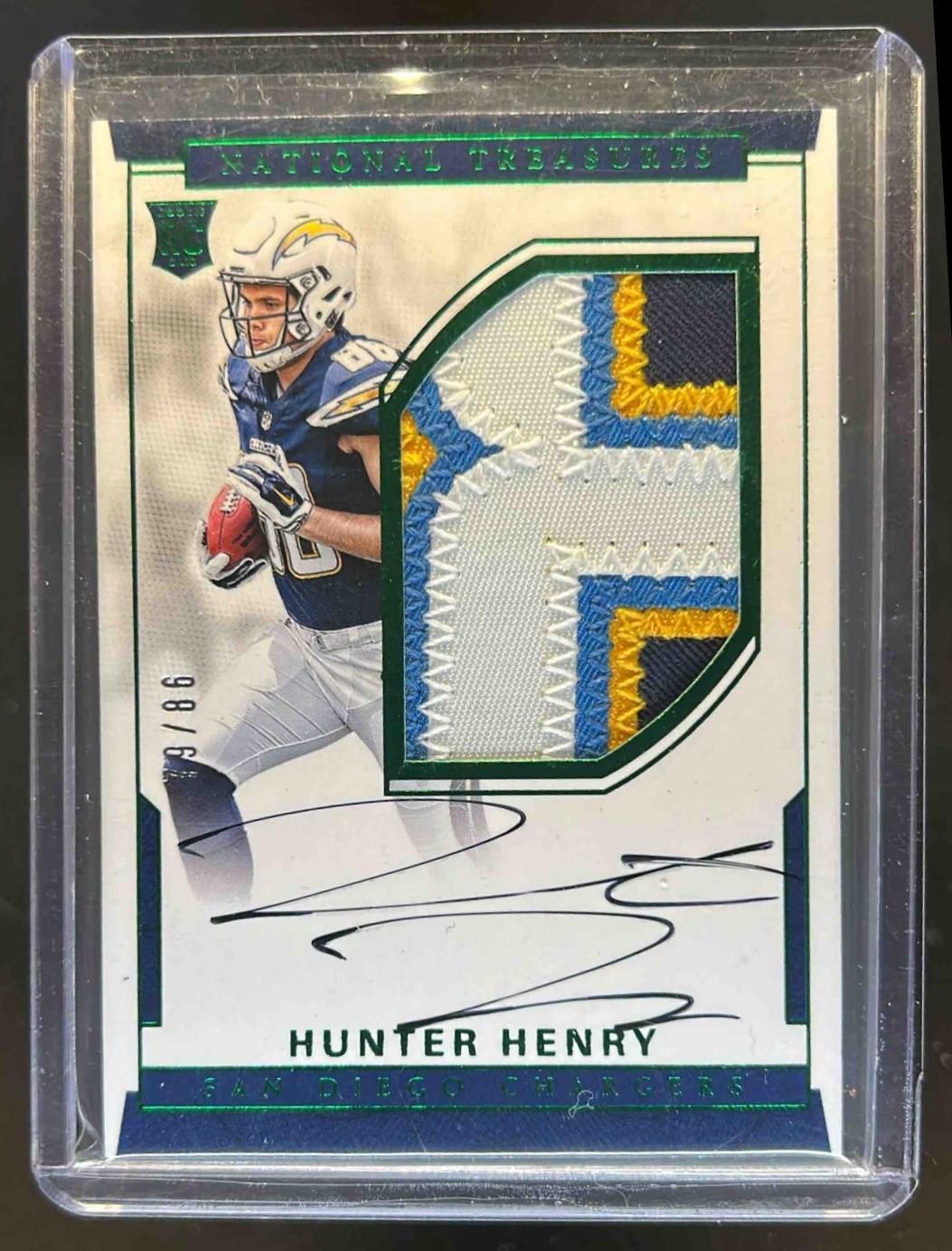 2016 National Treasures Hunter Henry Rookie Patch Auto Numbers Green RC #/86