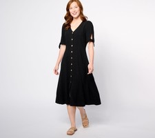 Susan Graver Women's Dress Sz XL PURE Linen Blend Tie Sleeve Midi Black A644522