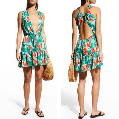 MILLY Cabana Women Green Frankie Parrot Plunge V-Neck Mini Swim Cover Up Dress L