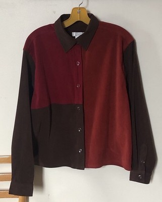 Vtg Christopher & Banks M Brown Red Faux Suede Colorblock Long Sleeve Button Up