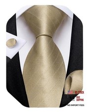 Mens Tie Set Silk Solid Paisley Necktie and Pocket Square Cufflinks Champagne