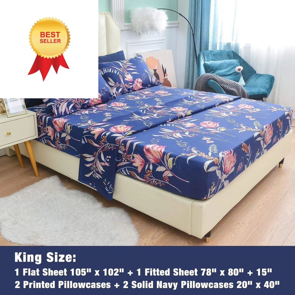 JSD Navy Blue Floral Printed King Sheet Set, 6 Piece Botanical King, - Image 2 of 4