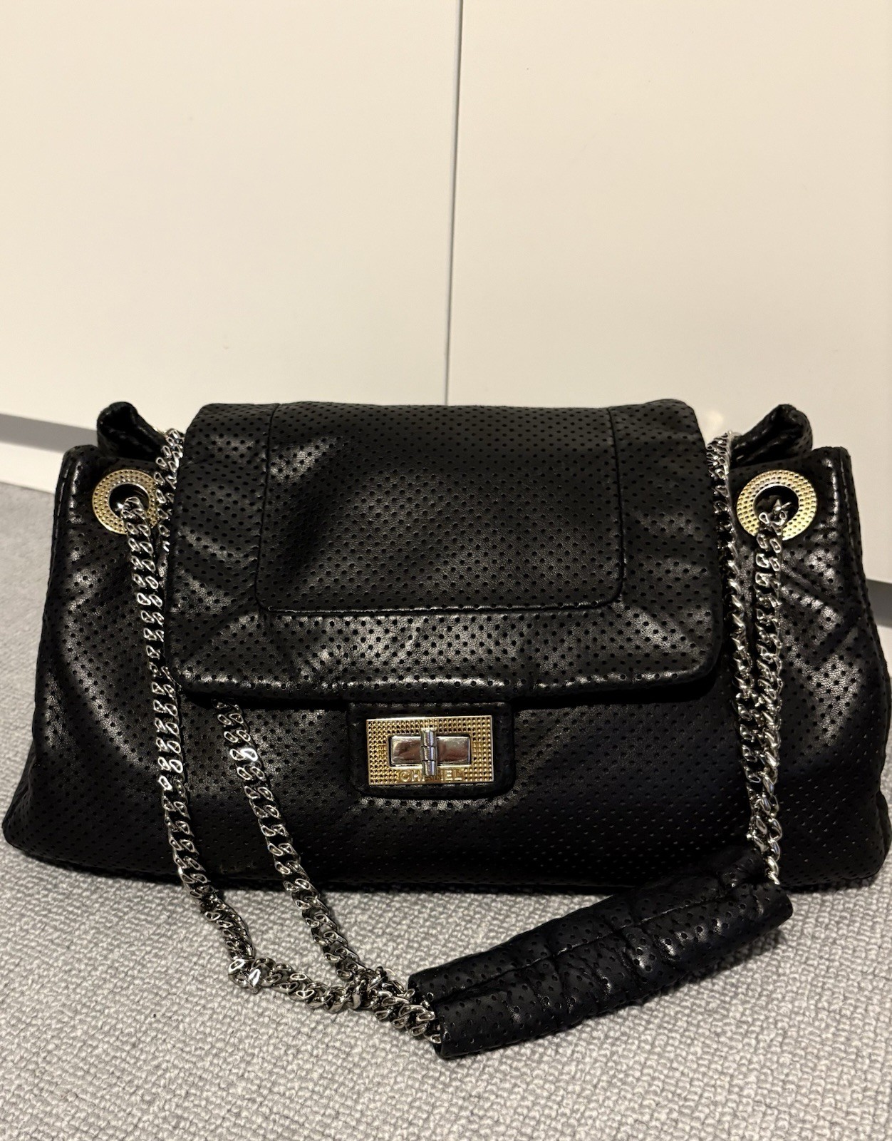 Chanel 2.55 Acordian Chain Shoulder Perforated Black Leather Lambskin Bag