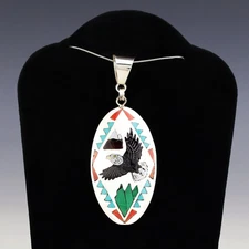NATIVE AMERICAN ZUNI STERLING SILVER & INLAY EAGLE PENDANT BY QUINTIN QUAM