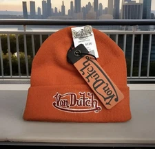 Von Dutch Hat Cap Beanie Orange Knit Embroidered Logo Streetwear One Size Mens