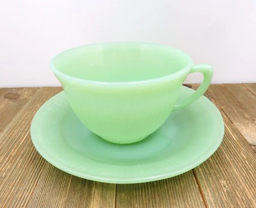 1950's Fire King Jadeite Green Ribbed Coffee Tea Cup & Saucer, Jane Ray