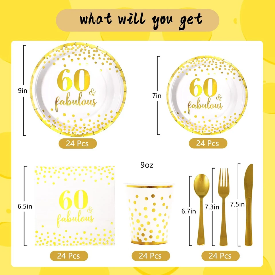 168 piezas 60 cumpleaños decoraciones puntos dorados platos servilletas aniversario servir 24 Foto 2 de 4