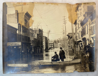 Vintage Passaic River Flood of 1903 Historic B&W Photograph. Main Street Boat