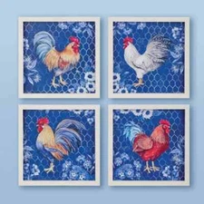 Blue Country Rooster Wooden Framed 4-Piece Wall Art Set