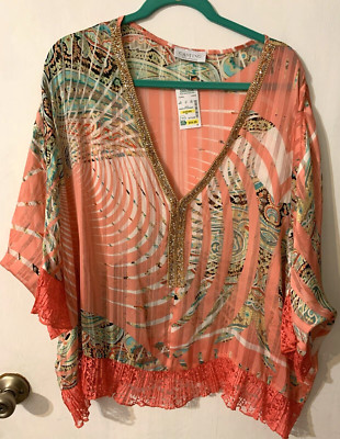 Sheer Top Casting France NWT Large Coral Rhinestone Bling Lace Dressy Cruise