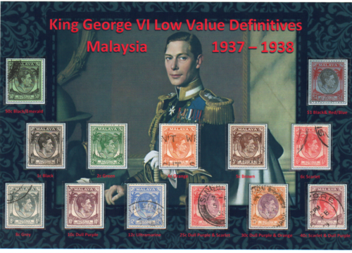 KING GEORGE VI NICE DISPLAY OF MALAYSIA 1937-38 LOW VALUE DEFINITIVES SET VFU-GU - Bild 1 von 2