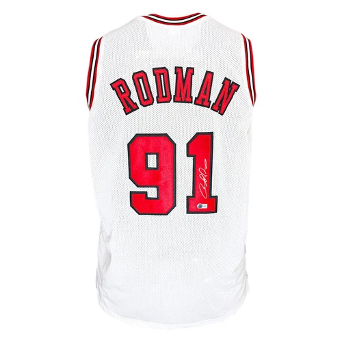 Dennis Rodman Signed Chicago White Basketball Jersey Silver Ink (Beckett)