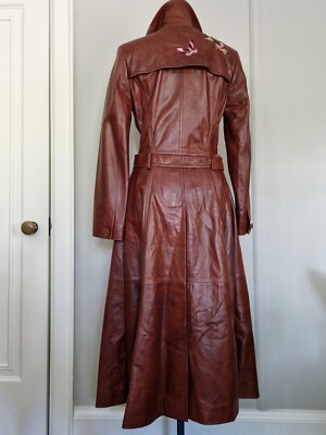 RARE Christian Dior Floral Flower Embroidered Brown Leather Trench