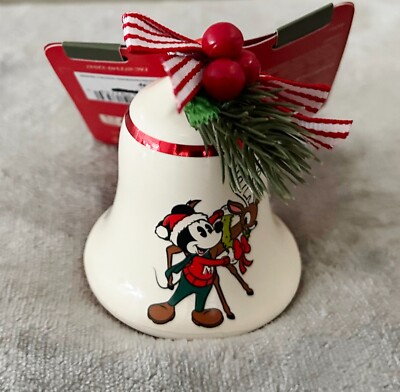 Disney Parks Mickey & Minnie & Reindeer Ceramic Bell Christmas Ornament 2022 NWT