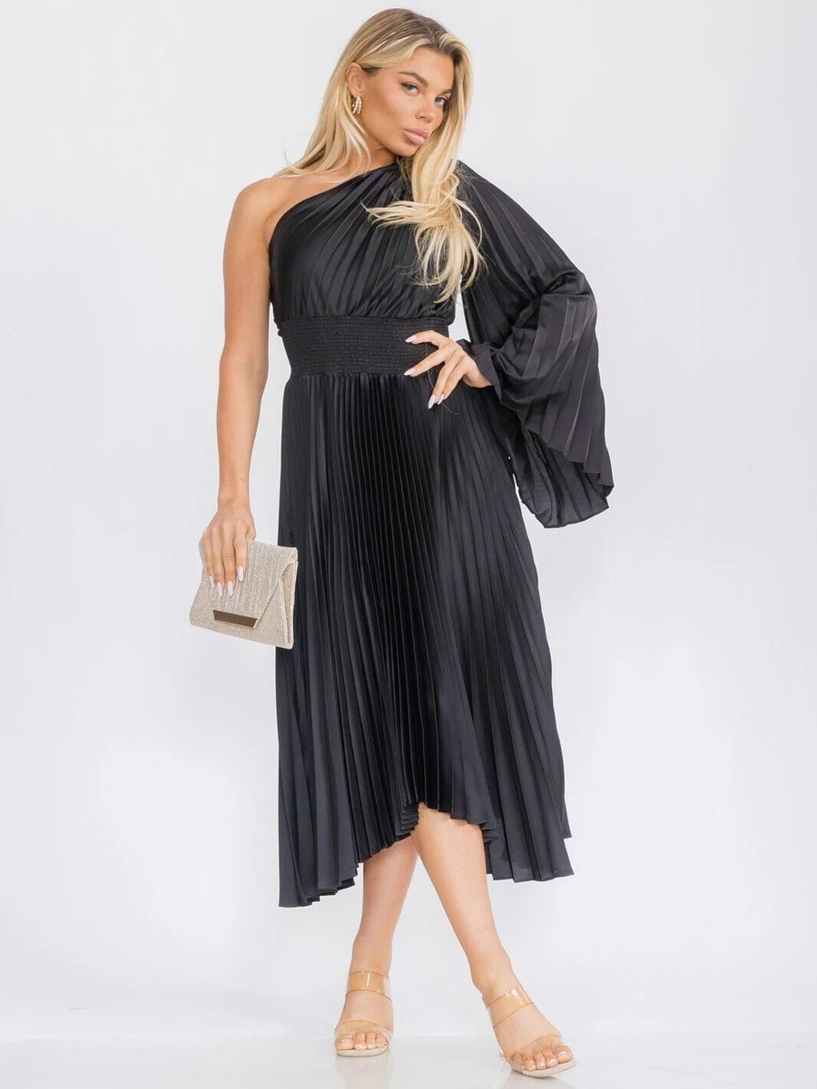 Black One Shoulder Maxi Dress Size Medium Long Bell Sleeve Pleated Smocked  | eBay