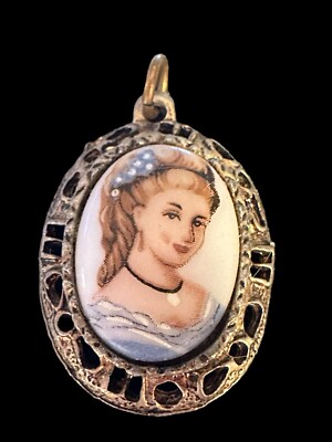 Vintage Limoge Style (unsigned) Victorian Lady Porcelain Transfer Ware Pendant