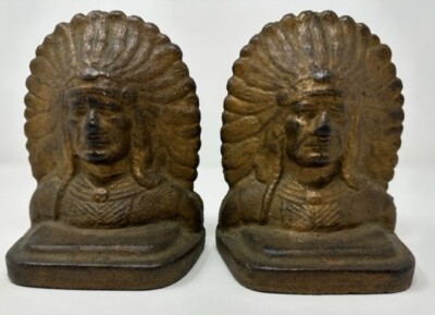 Antique Native American Indian Chief Bookends - Bronze Finished