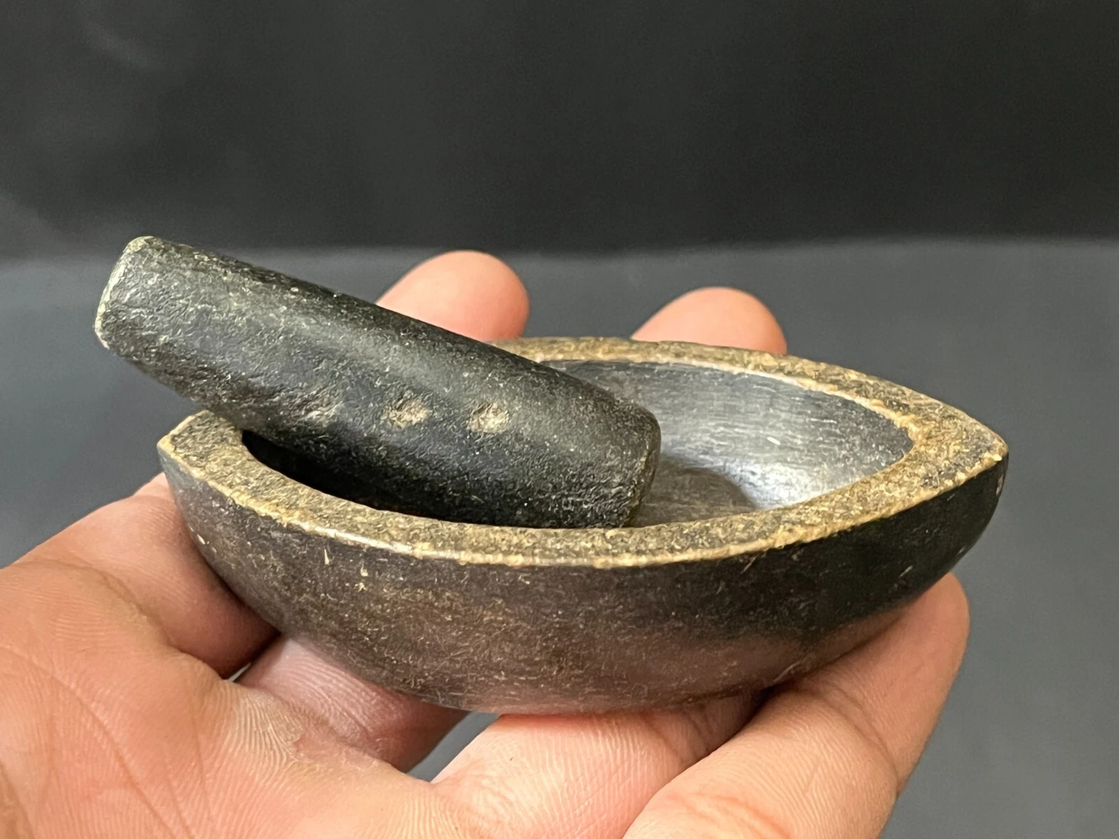 Old Vintage Handmade Black Stone Small Medicine Spice Grinder Mortar Pestle