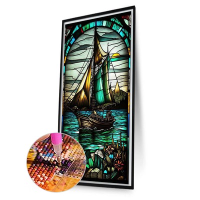 5D DIY Full Round Drill Stained Glass Diamond Painting Sailboat Home Art 40x70cm